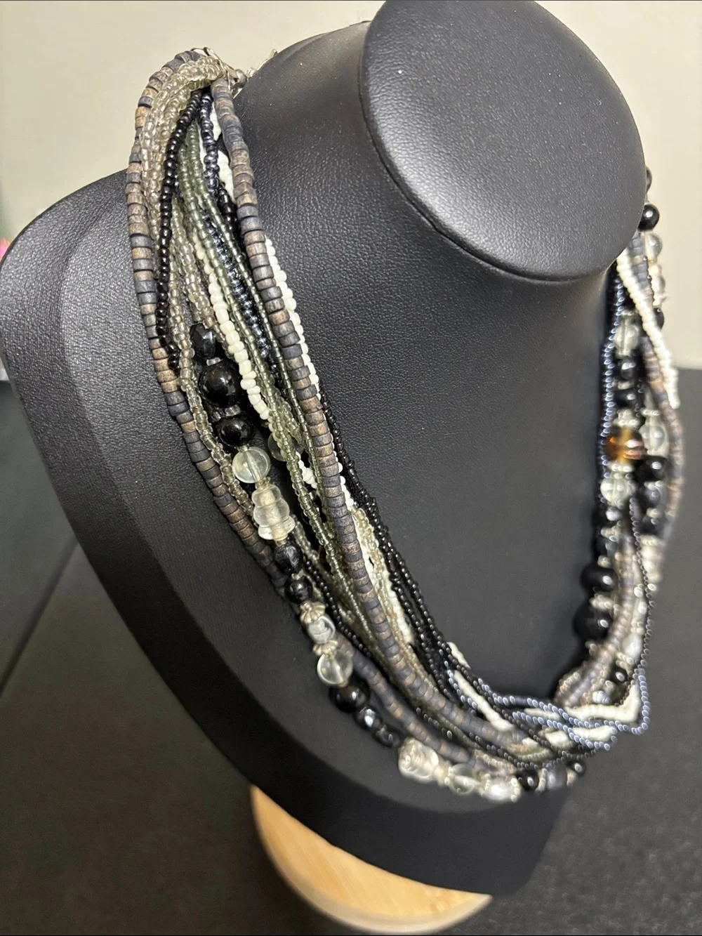 Multi-Strand Mixed Media Glass Wood  Black Gray Beaded Statement Necklace